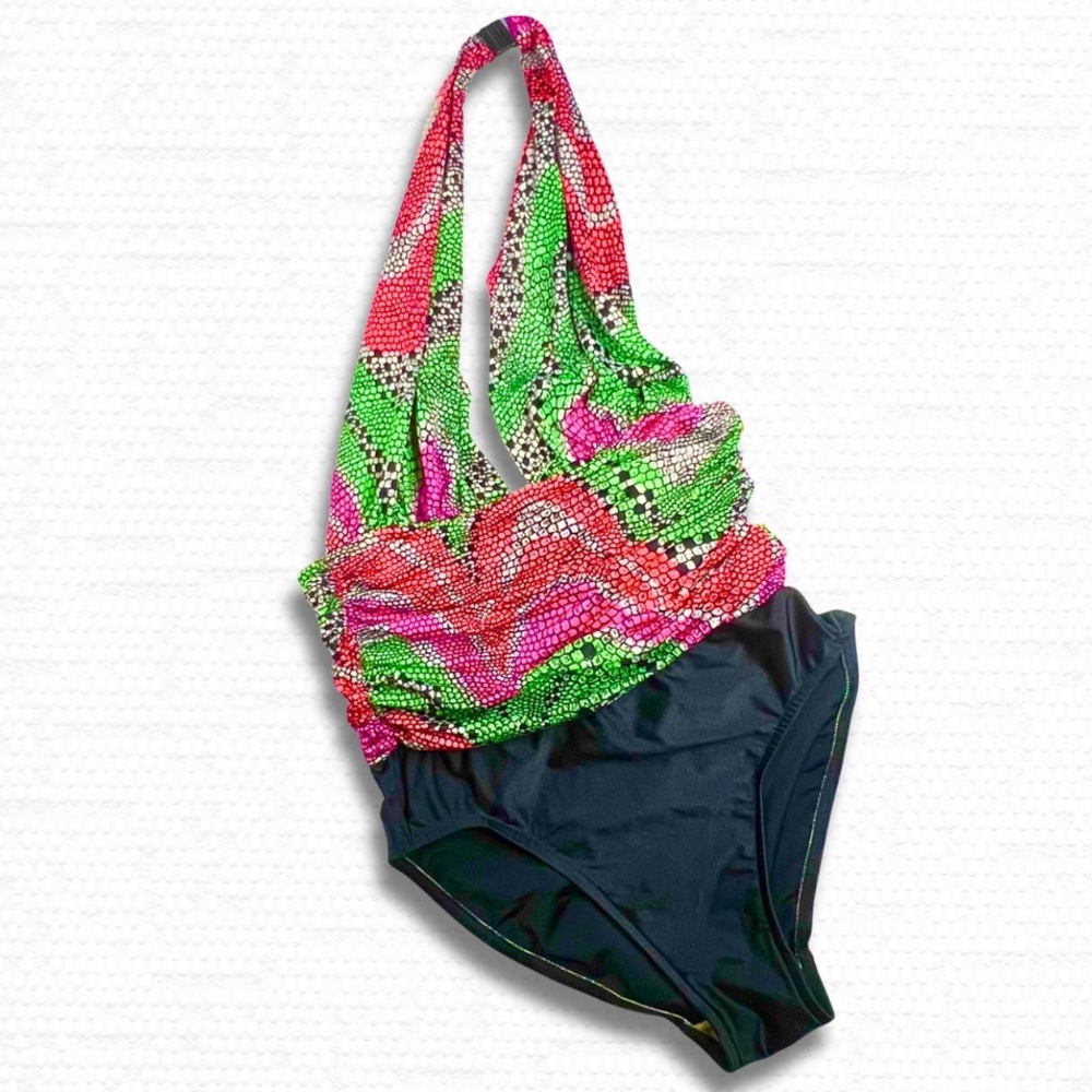 VTG Oscar de la Renta Neon Animal Print High Cut Halter Bodysuit Swimsuit USA 4
